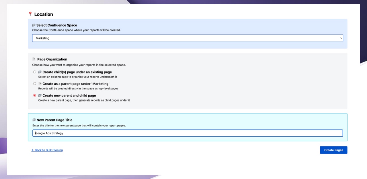 Choose destination space and parent page